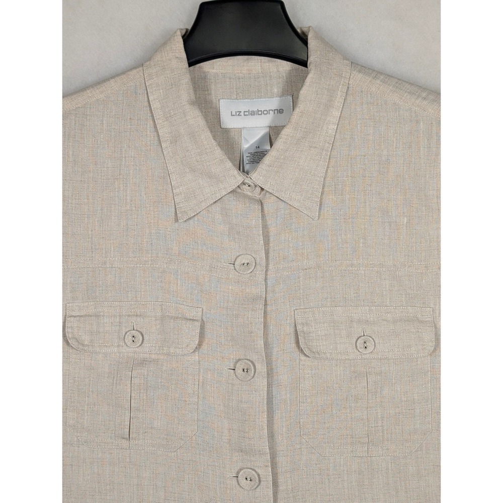 Women's 14 Liz Claiborne Beige Linen Button Front Shirt 3/4 Length Sleeves - Picture 3 of 9